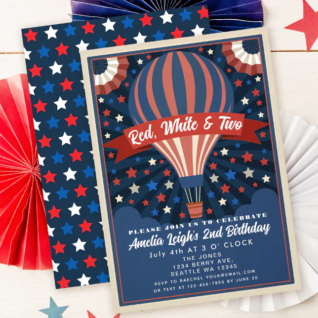 Red White and Two Balloon July 4th Kids Birthday Invitation | Zazzle