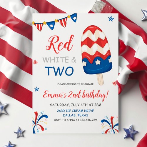 Red White and Two Birthday Invitation