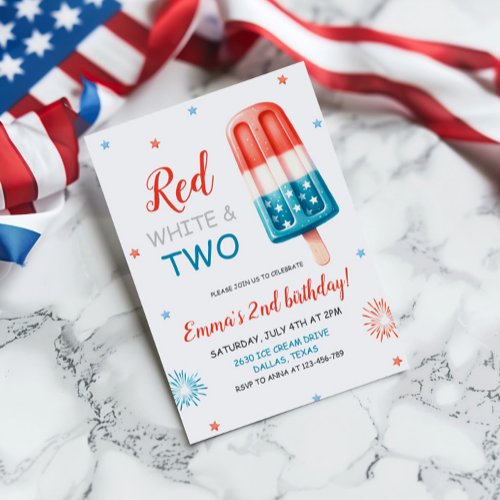 Red White and Two Birthday Invitation