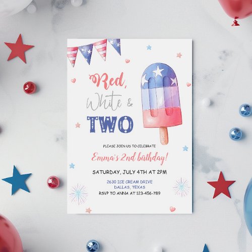 Red White and Two Birthday Invitation