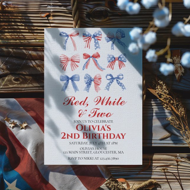 Red, White and Two Bows 4th of July 2nd birthday Invitation (Creator Uploaded)