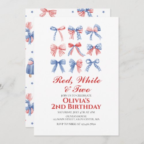 Red White and Two Bows 4th of July 2nd birthday Invitation