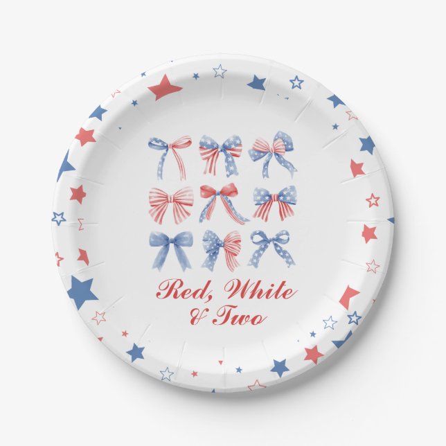 Red, White and Two Bows fourth of July birthday Paper Plates (Front)