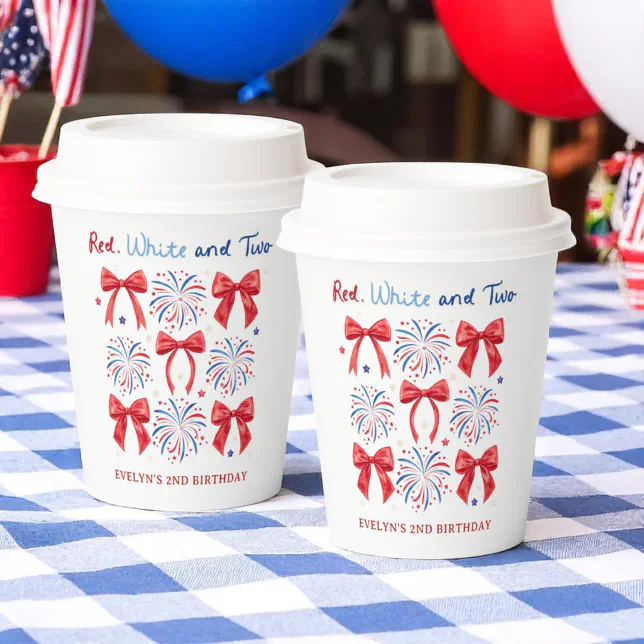 Red White and Two July 4th Girl 2nd Birthday Party Paper Cups | Zazzle