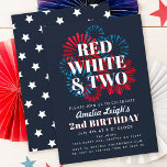 Red White and Two July 4th Kids 2nd Birthday Invitation<br><div class="desc">Celebrate with this Red, White, and Two July 4th Kids 2nd Birthday Invitation Party Invitation! This delightful invitation is designed to celebrate a child's first birthday with a festive and patriotic theme. The phrase "Red, White and Two" against an illustration of red and blue fireworks on a navy background adds...</div>