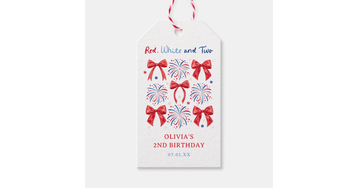 Red White and Two July Girl 2nd Birthday Party Gift Tags | Zazzle