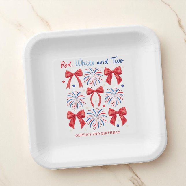 Red White and Two July Girl 2nd Birthday Party Paper Plates (Creator Uploaded)