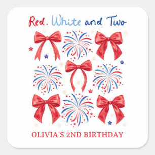 Red White and Two July Girl 2nd Birthday Party Square Sticker