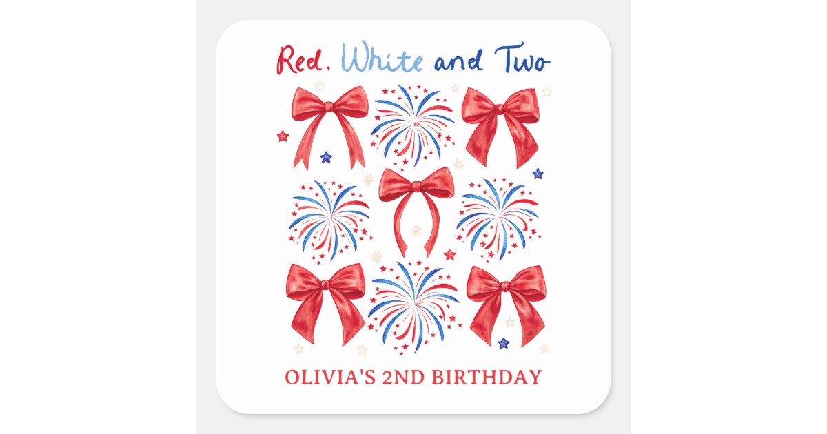 Red White and Two July Girl 2nd Birthday Party Square Sticker | Zazzle