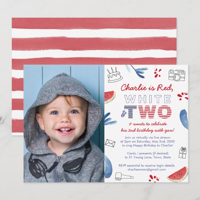 Red White And Two Long Distance 2nd Birthday Party Invitation (Front/Back)