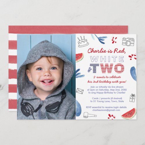 Red White And Two Long Distance 2nd Birthday Party Invitation
