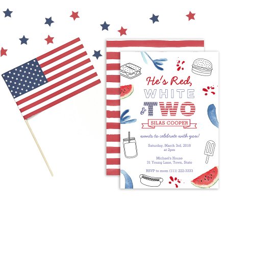 Red White and TWO Outdoors 2nd Birthday Party Invitation