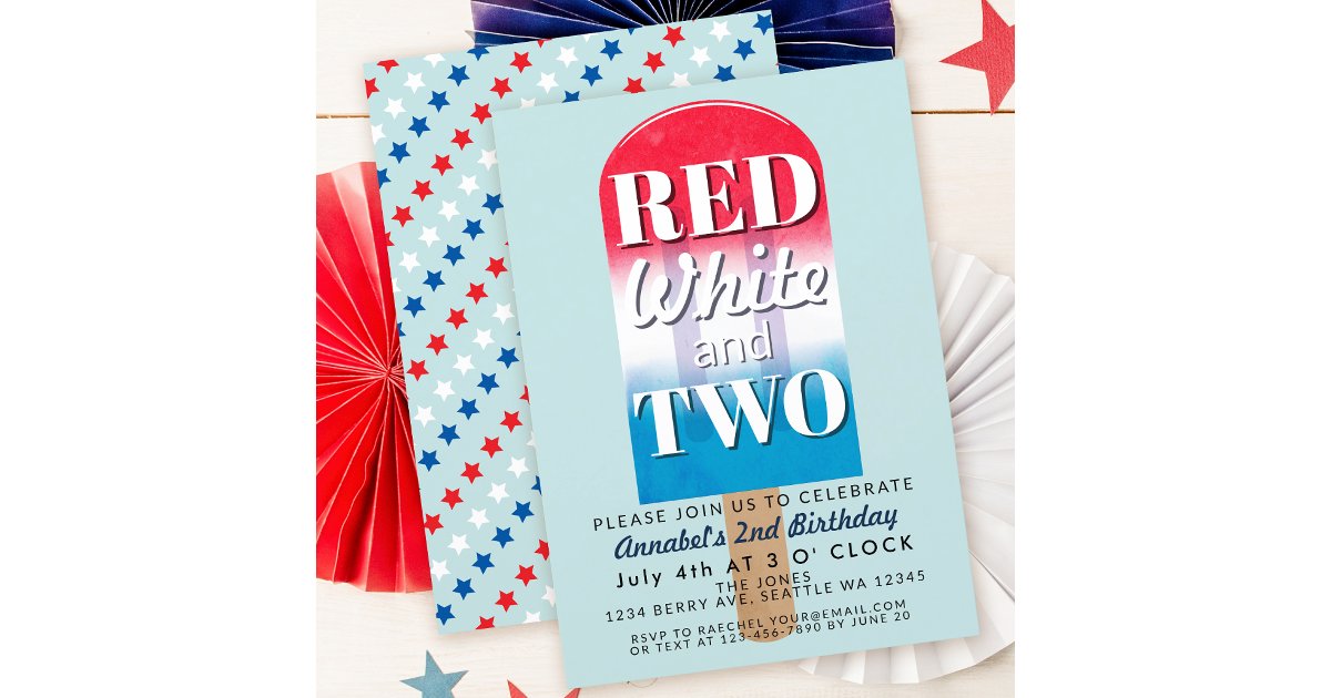 Red White and Two Popsicle July 4th Kids Birthday Invitation | Zazzle