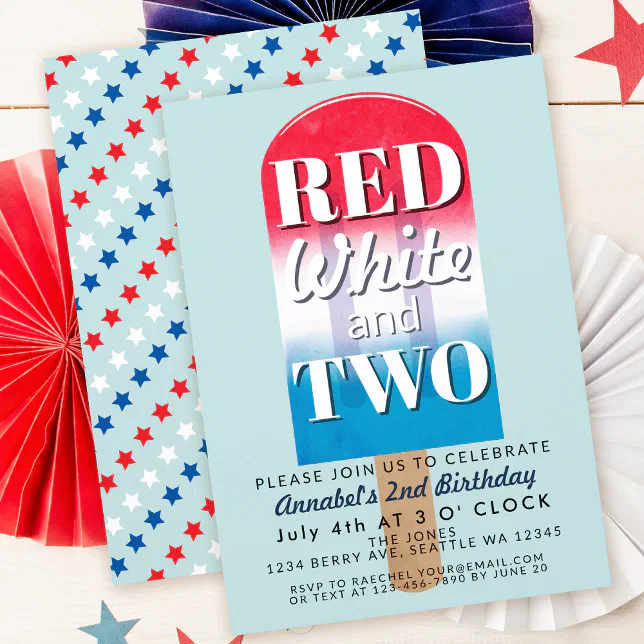 Red White and Two Popsicle July 4th Kids Birthday Invitation | Zazzle