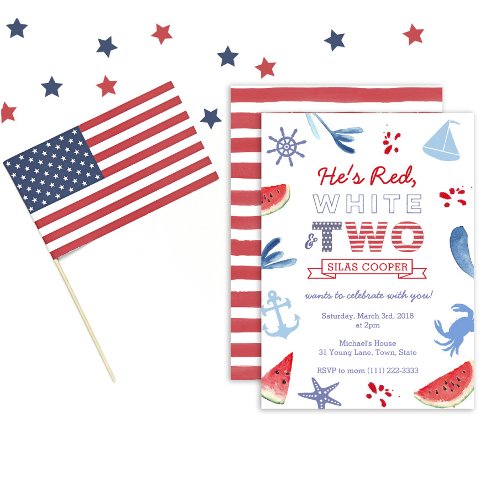 Red White and TWO unisex Second Birthday Party Invitation