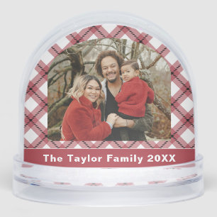 Red & White Argyle Plaid Family Photo Snow Globe