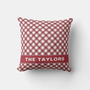 Red & White Argyle Plaid Farmhouse Family Name Throw Pillow
