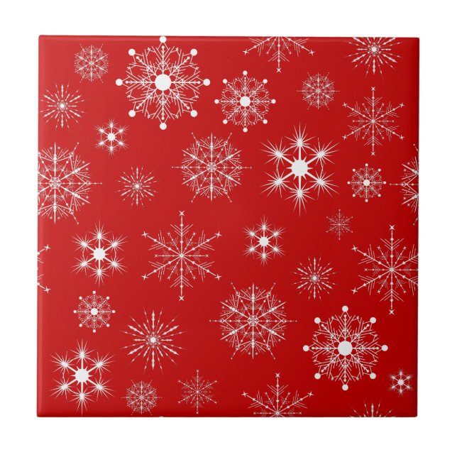 Red & White Assorted Christmas Snowflakes Pattern Ceramic Tile (Front)