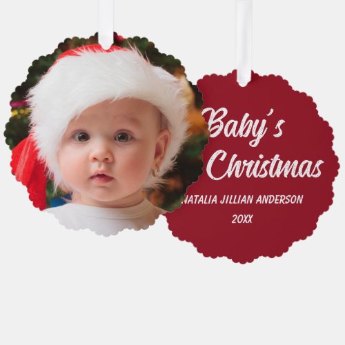 Red White Babys 1st Christmas Photo Name Ornament Card