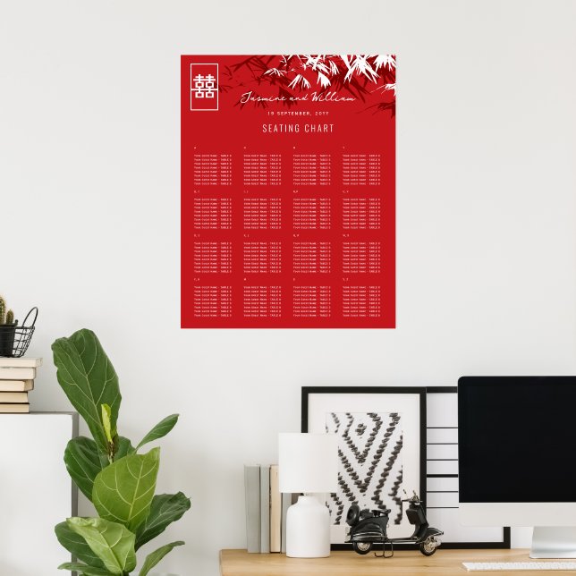 Red & White Bamboo Leaves Asian Wedding Seat Chart (Home Office)