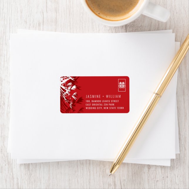Red & White Bamboo Leaves Chinese Wedding Address Label (Insitu)