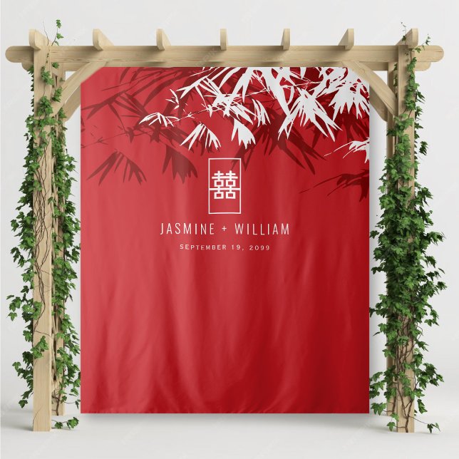 Red & White Bamboo Leaves Chinese Wedding Backdrop (Red & White Bamboo Leaves Double Happiness, Chinese Wedding Backdrop Tapestry @ fatfatin_red_knot)