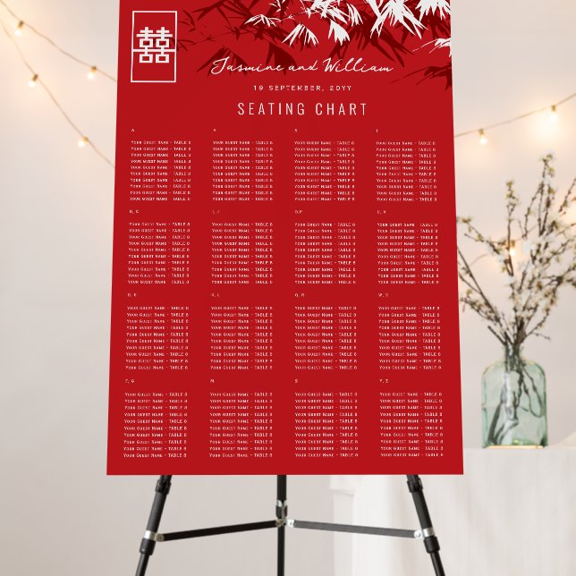 Red White Bamboo Leaves Chinese Wedding Seat Chart Foam Board (In Situ (Stand))