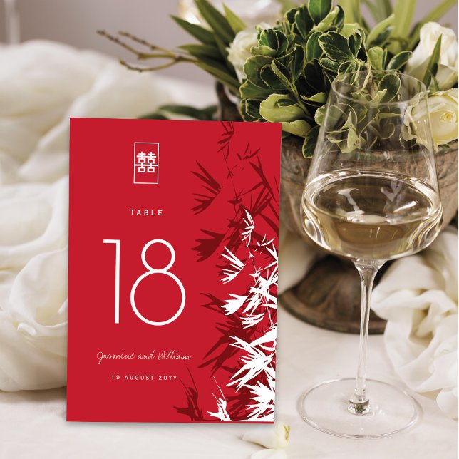 Red & White Bamboo Leaves Double Happiness Wedding Table Number (Creator Uploaded)