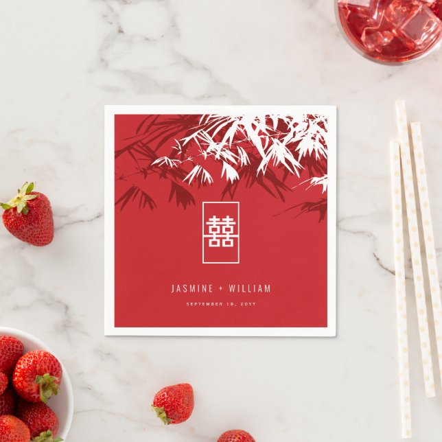 Red/White Bamboo Leaves Double Xi Chinese Wedding Napkins (Insitu)