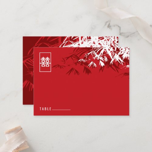 Red White Bamboo Leaves Double Xi Chinese Wedding Place Card