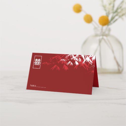 Red White Bamboo Leaves Double Xi Chinese Wedding Place Card