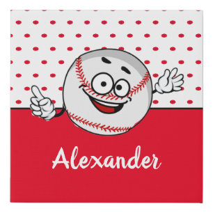 Red White Baseball funny face monogram name Faux Canvas Print