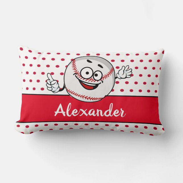 Red White Baseball funny face monogram name Lumbar Pillow (Front)