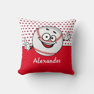 Red White Baseball funny face monogram name  Throw Pillow