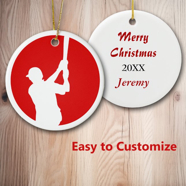 Red White Baseball Player Personalized Ceramic Ornament (Creator Uploaded)