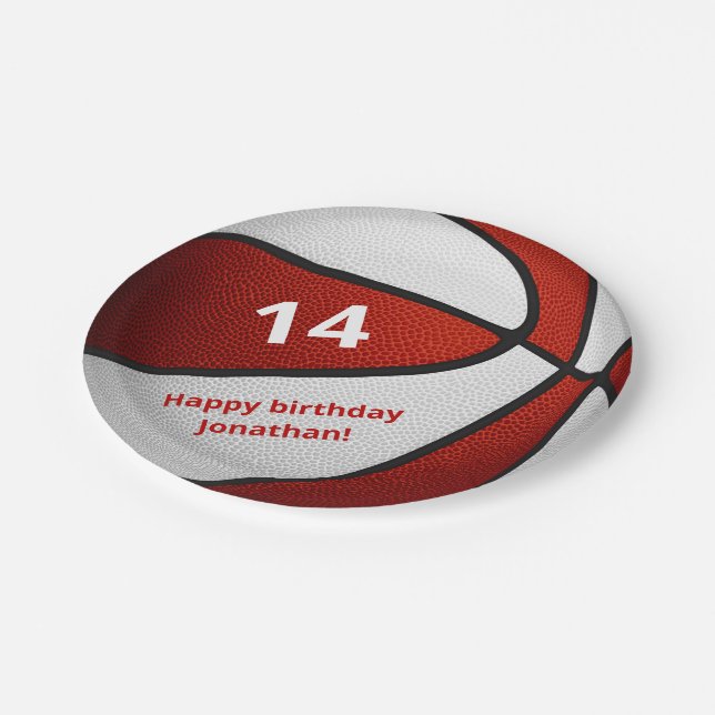 red white basketball birthday party paper plates (Angled)