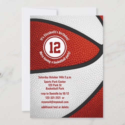 red white basketball girls boys birthday party invitation