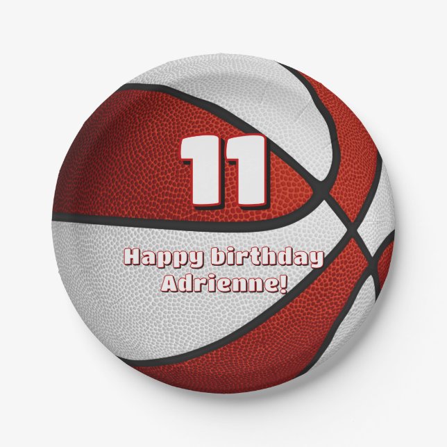 red white basketball girls sports party paper plates (Front)
