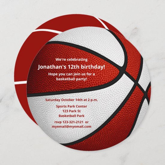 red white basketball themed birthday party announcement