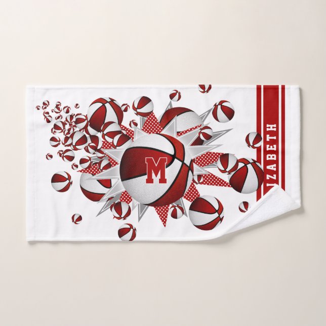 red white basketballs stars girls monogrammed hand towel  (Hand Towel)