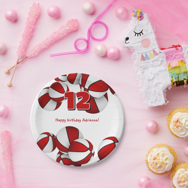 red white basketballs young athlete birthday paper plates (Party)