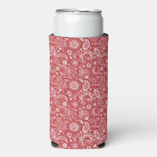Red white batik boho style floral paisley pattern seltzer can cooler
