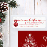Red White Bauble Merry Christmas Return Address Label<br><div class="desc">Elegant and classy return labels for Christmas (Xmas) Holiday greeting cards / envelopes. Red ornament bauble,  white background.  Modern white letters for family name and address. Letter color and font can be changed.</div>