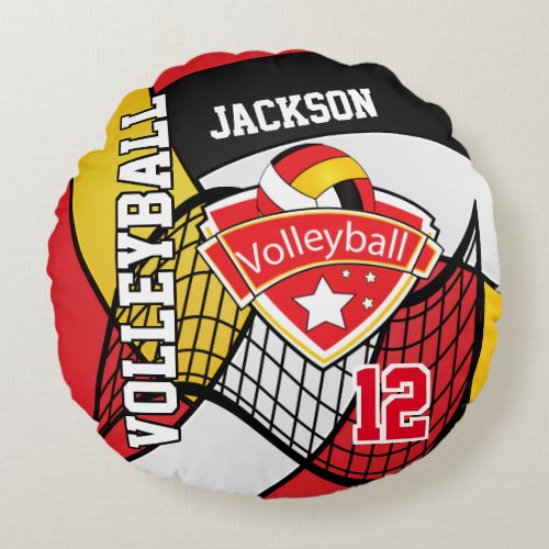 Red White Black and Yellow Volleyball  DIY Name Round Pillow