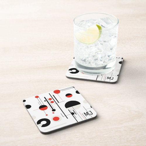 Red white black bauhaus geometric shapes on white beverage coaster