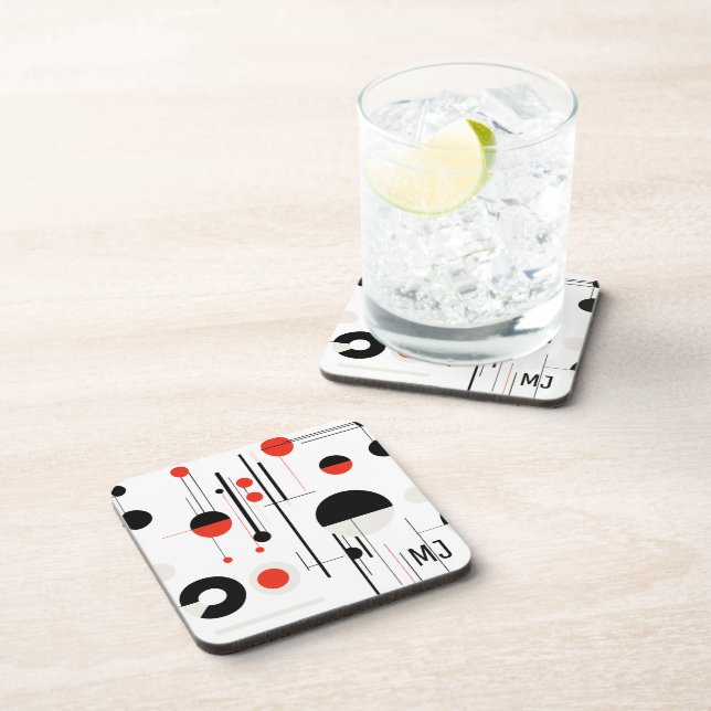 Red white black bauhaus geometric shapes on white beverage coaster (Right Side)