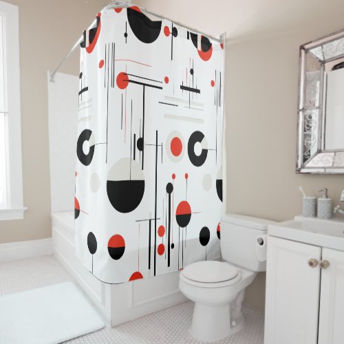 Red white black bauhaus geometric shapes on white shower curtain