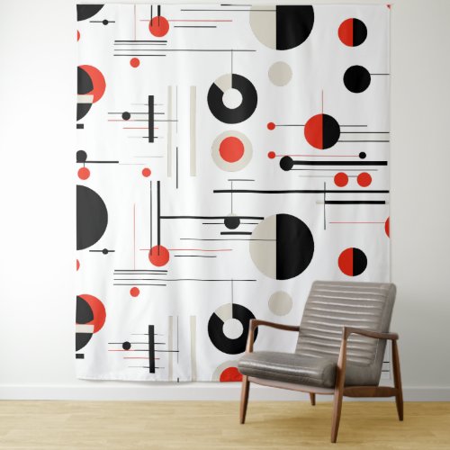 Red white black bauhaus geometric shapes on white tapestry