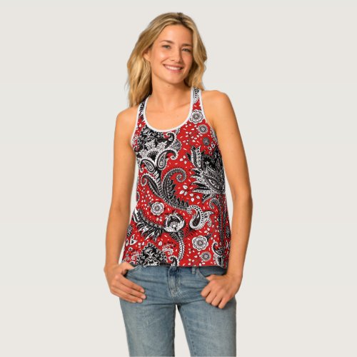 Red White Black Boho Chic Floral Bohemian Paisley Tank Top