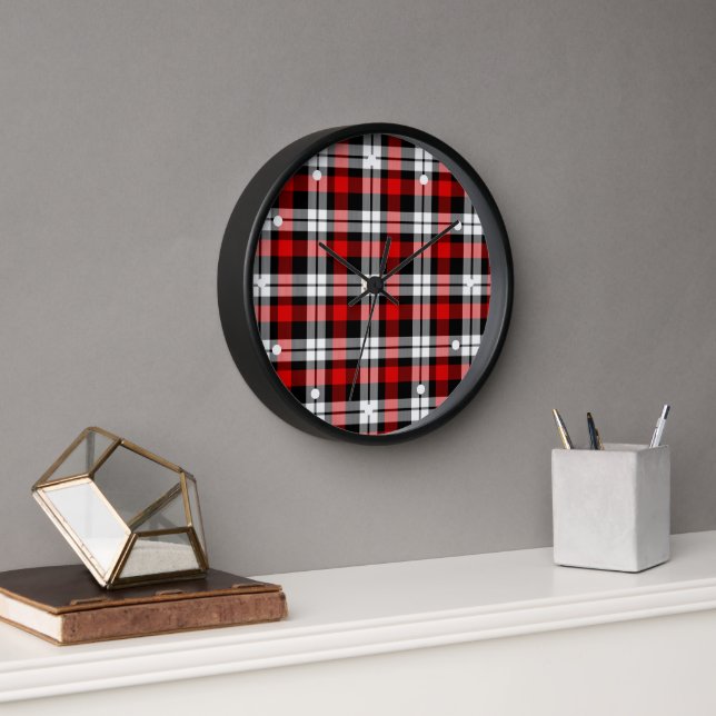 Red White Black Buffalo Check Plaid Pattern Clock (Office)